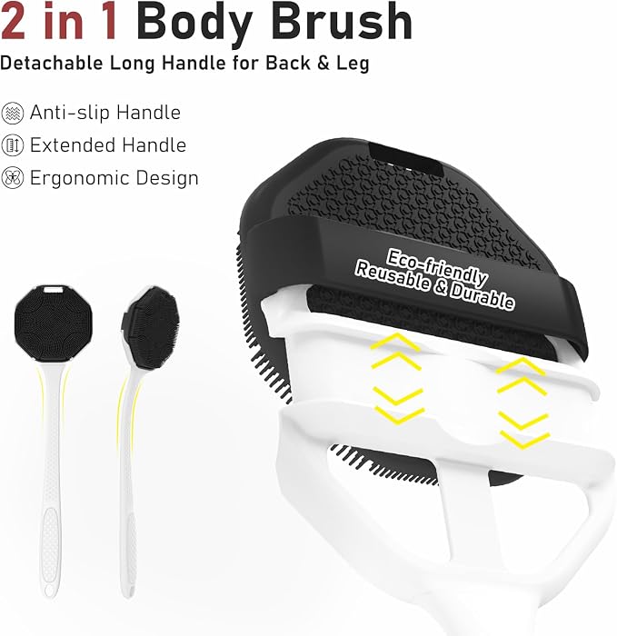 Back Scrubber for Shower 2 Pack, Silicone Body Scrubber with Long Handle, Detachable Body Wash Bath Scrubber Shower Scrub Brush -Dense Bristles Exfoliating & Lather Well for Women Men Black