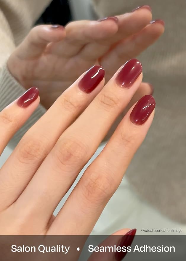 ohora Semi Cured Gel Nail Strips (N Wine Veil) - Works with Any Lamps, Salon-Quality, Long Lasting, Easy to Apply & Remove - Includes 2 Prep Pads, Nail File & Wooden Stick