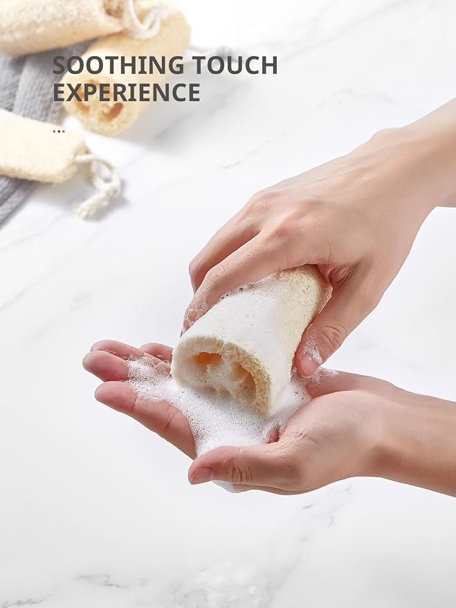 Reemix Natural Loofah Exfoliating Body Scrubber 4-Piece Long Cylinder Set | Large Home & Shower Sponge for Face & Body, Eco-Friendly Bath Tool for Gentle Exfoliation, Spa-Like Experience at Home