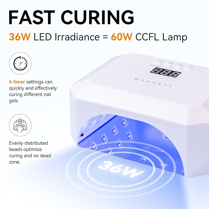 Makartt UV LED Nail Lamp: UV Light for Gel Nails Rechargeable Aurora 36W Gel Lamp with 4 Timers & Auto Sensor Professional Fast Curing Cordless Nail Light for Home Salon Manicure | 36W Gel Lamp with 4 Timers & Auto Sensor 36 Beads Fast Curing Cordless ...