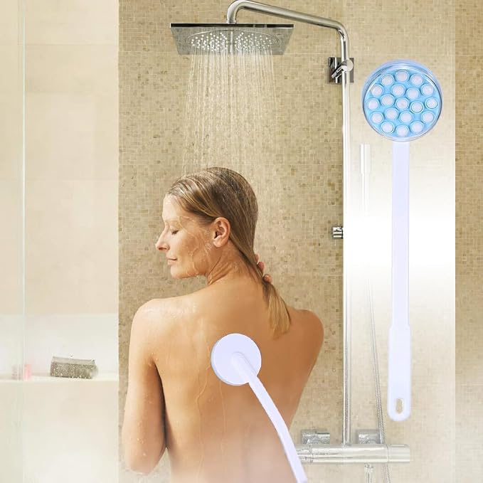 Joyzan Back Lotion Applicator, Long Handled Shower Massager Roll Brush Wand | Self Reach Tanner Bath Dispenser Curved Rotating Head Sunscreen Skin Cream Gel Legs Feet Elderly Moisturizer Women
