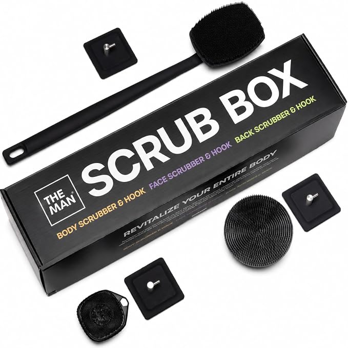 The Man Scrub Box - Complete Shower Scrubber Set for Men | Complete face, body and back shower scrub set with hooks for exfoliation, smoother-feeling skin and storage.