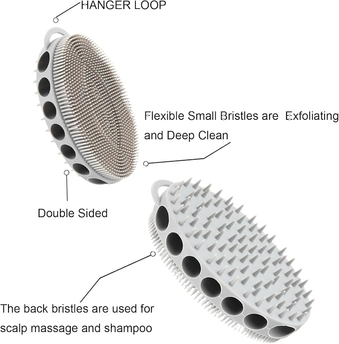 Silicone Body Scrubber with Double-Sided Bristles, Deep Cleaning Massage Brush, Flexible Design with Hanger Loop for Exfoliating and Scalp Care (Grey)