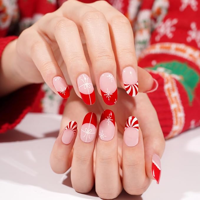 Christmas Semi Cured Gel Nail Strips - 20Pcs Xmas Hat UV Gel Nail Wraps with Snowflake & Bow Design, Long Lasting Salon-Quality Stickers, Includes Nails File & Wooden Stick - UV/LED Lamp Required