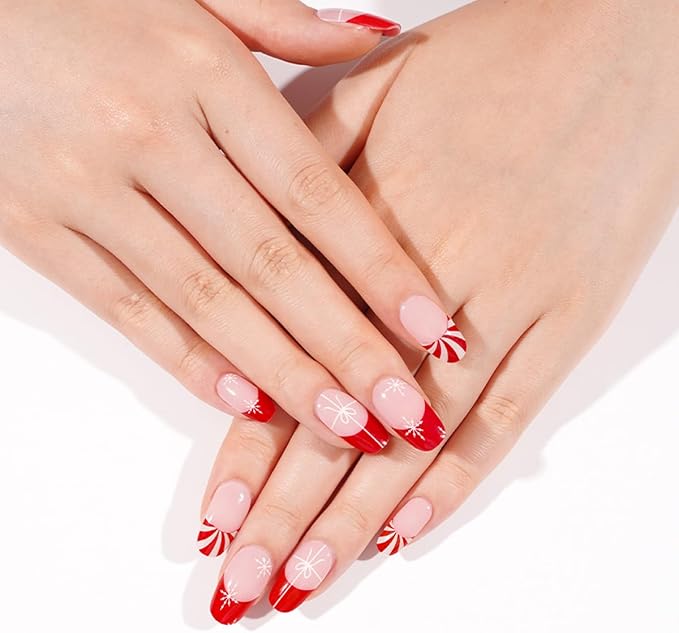 Christmas Semi Cured Gel Nail Strips - 20Pcs Xmas Hat UV Gel Nail Wraps with Snowflake & Bow Design, Long Lasting Salon-Quality Stickers, Includes Nails File & Wooden Stick - UV/LED Lamp Required