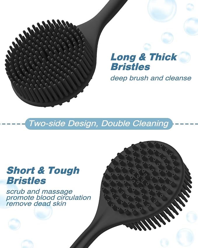 Manmihealth Silicone Body Scrubber & Face Brush Set Thick Bristles Black | 3PCS Super-Exfoliating & Lathering Back Scrubber, Shower Brush, Face Scrubber Combination, with a Free Hook