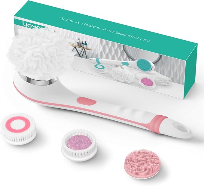 VOYOR Electric Body Brush Back Scrubber for Shower for Women Rechargeable | Exfoliating Bath Brush Powered Shower Brush with Non-Slip Long Handle Deep Cleansing, Exfoliating, Massage Brush, BC100, Pink