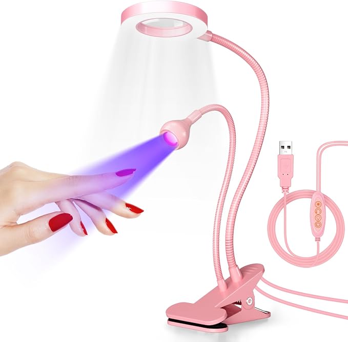UV Nail Lamp with 6X Magnifier, 4 Brightness, Dual Light Mode | 6X magnifier, UV+LED dual light, 3 color temps, 360° gooseneck, for gel nails and crafts, salon and home DIY