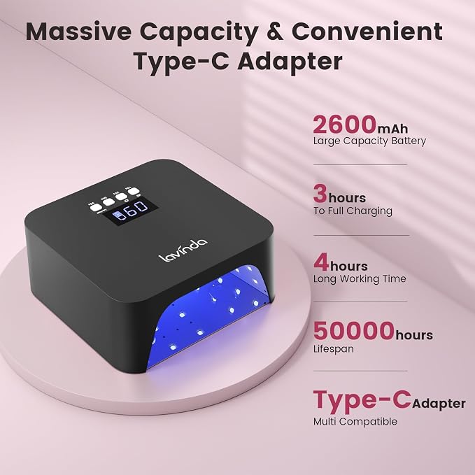 Lavinda 48W Nail Lamp, Rechargeable Cordless UV Light for Gel Nails LED Nail Dryer with Auto Sensor, 4 Timer Settings & LCD Display, Fast Curing Light All Gel Polish for Home&Salon (NovaGlow Black)
