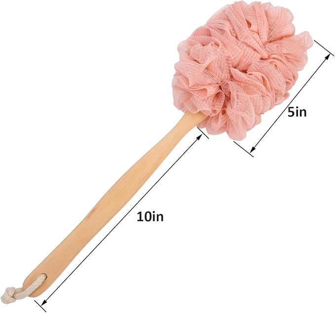 Loofah Back Scrubber for Shower, Wooden Long Handle Bath Sponge Lufa Shower Brush, Soft Nylon Mesh Back Cleaner Washer, Women & Men Exfoliating Luffa Pouf on a Stick for Body (Pink)