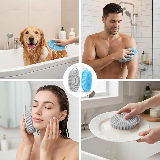 Silicone Body Scrubber 2 Pcs Silicone Loofah Exfoliating Body Scrubber for Men Women Soft Silicones Shower Scrubbers Double Sided Silicones Bath Bodys Brush for All Skin Lather Well, Gray and Blue