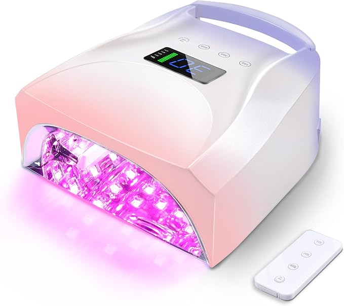96W Cordless UV LED Nail Lamp, Periwinkle to Pink Gradient | 52 Beads Quick Dry with Remote | 4 Timer Settings & Auto Sensor | Rechargeable Gel Nail Light for Manicure Pedicure