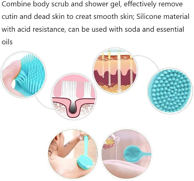 Long Handle Silicone Body Scrubber for Shower, Dual-Sided Back Scrubber Brush with Soft Bristles&Massage Nodes, Exfoliating Bath Brush for Hard to Reach Areas, Easy to Clean & Quick Dry, for Daily Use