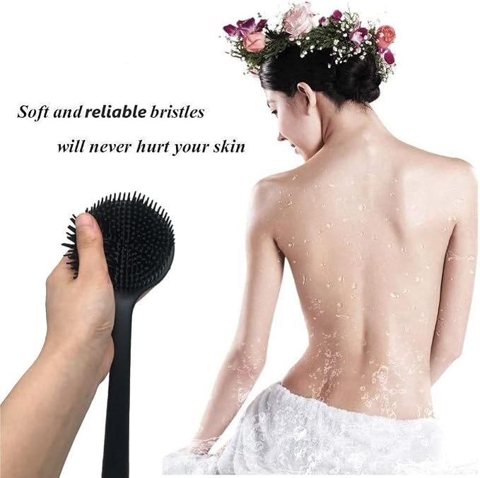 Long Handle Silicone Body Scrubber for Shower, Dual-Sided Back Scrubber Brush with Soft Bristles&Massage Nodes, Exfoliating Bath Brush for Hard to Reach Areas, Easy to Clean & Quick Dry, for Daily Use