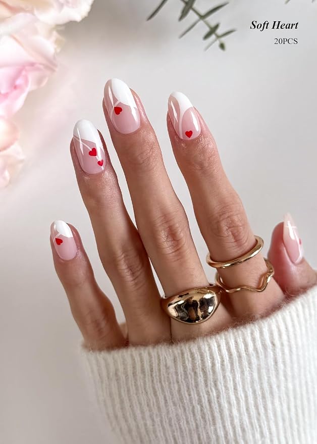 Semi Cured Gel Nail Strips (Soft Heart), Valentine's Day French, 20 Pcs Gel Nail Wraps, Stickers, Salon Quality, Works with Any UV Lamps