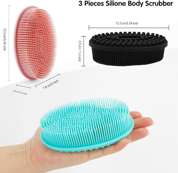 3 Pack Silicone Body Scrubber, Soft Silicone Loofah Exfoliating Body Scrubber, Silicone Body Brush Bath Shower Scrubber for Body, 2 in 1 Bath and Shampoo Wash Brush for Skin Exfoliation Men Women