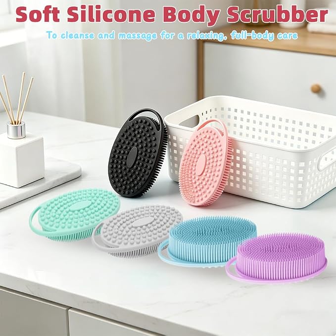 Silicone Body Scrubber 3 Pack Silicone Loofah Exfoliating Body Scrubber Soft Silicone Shower Brush with Handle Double Sided Bath Body Brush for Women Men Cleaning Massage Sensitive Skin, Lather Well