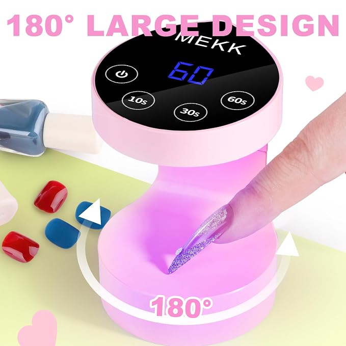 MEKK Mini Flash Cure Nail Lamp, Small UV Light for Gel Nails | Auto Senser,8 LED Beads, 4 Timer Settings, Peach-Shaped, Compact for Travel/Home Use, Fits Single Finger Gel Nails-Pink