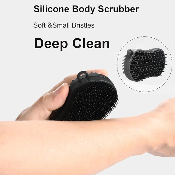 Silicone Body Scrubber, Double Sided Exfoliating Brush with Soft Flexible Bristles, Scalp Massage and Shampoo Tool with Hanger Loop (Black)