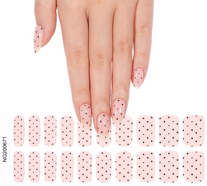 Polka Dot Semi Cured Gel Nail Strips - 20Pcs Pink UV Gel Nail Wraps with Polka Dots Design, Long Lasting Salon-Quality Stickers, Includes Nails File & Wooden Stick - UV/LED Lamp Required