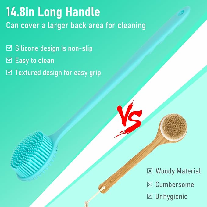 KXF Silicone Back Scrubber for Shower Bath Body Brush with Long Handle Double Sided Exfoliating Shower Brush with a Hook and a Lanyard
