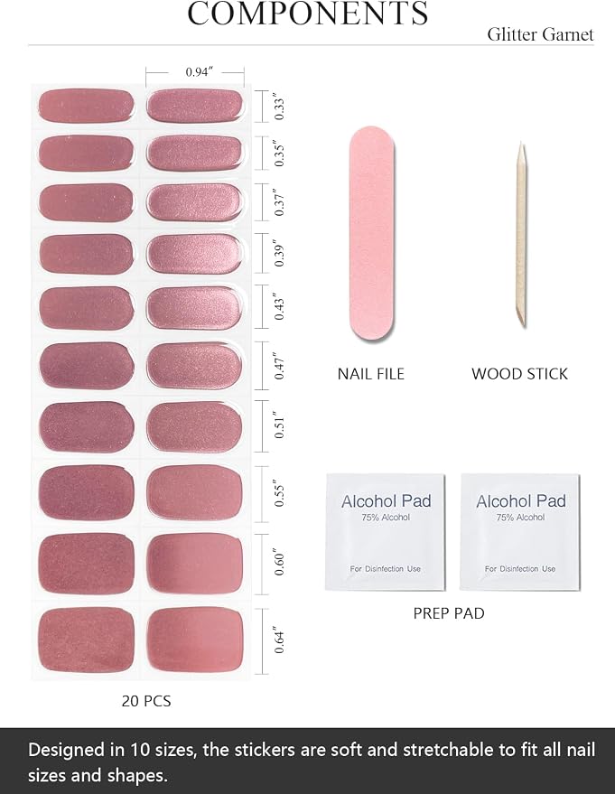Semi Cured Gel Nail Strips (Glitter Garnet), Red Chrome, Fall, 20 Pcs Gel Nail Wraps, Stickers, UV Light Required, Salon Quality, Long Lasting