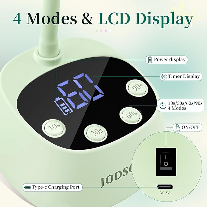 JODSONE Fast Curing U V Nail Lamp - Portable and Flexible Gooseneck Lamp with 360° Adjustable Design, Rechargeable LED Dryer for Gel Polish, Auto Sensor & 4 Timers, Home DIY Manicure Light Mint Green