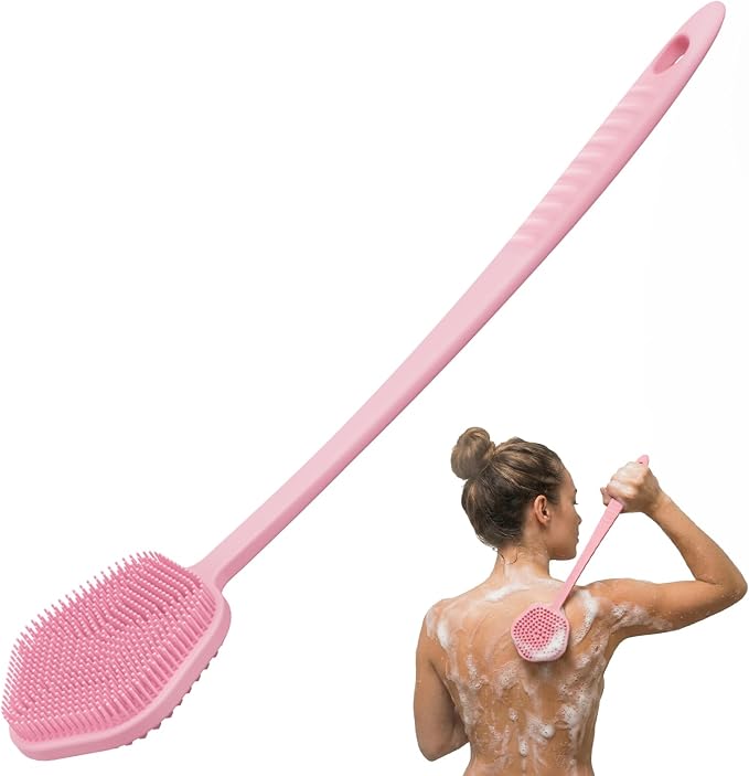 Redfly Silicone Back Scrubber for Shower Brush, 17 inch Long Handled Silicone Body Scrubber for Men & Women, Double Sided Shower Scrubber for Body Brush Exfoliator and Massage, Pink
