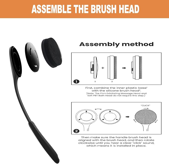 Long Handle Back Scrubber for Shower with 3 Interchangeable Heads-Black | Ergonomic Curved Handle,Non-Slip Silicone Grip,Premium Gift Box,Use for Back and Full Body,Cleansing and Exfoliating