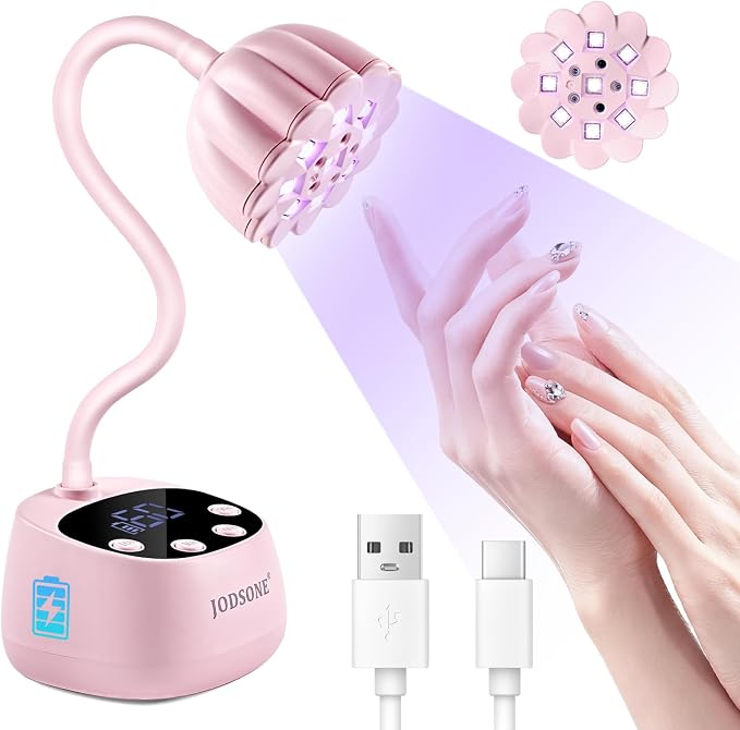 JODSONE Fast Curing U V Nail Lamp - Portable and Flexible Gooseneck Lamp with 360° Adjustable Design, Rechargeable LED Dryer for Gel Polish, Auto Sensor & 4 Timers, Home DIY Manicure Light Rose Pink