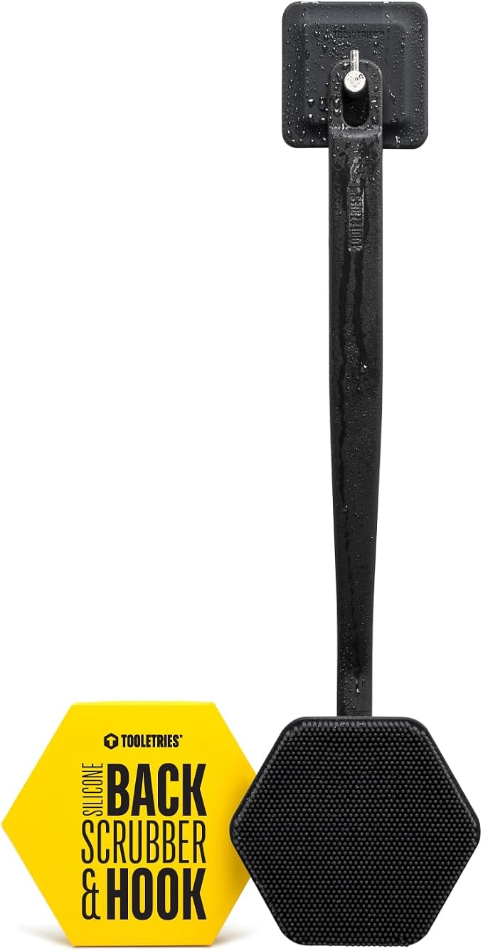 TOOLETRIES Silicone Back Scrubber for Shower with Hook - Charcoal | Long ergonomic bath brush with a non-slip grip for exfoliating and reaching hard-to-reach areas comfortably.