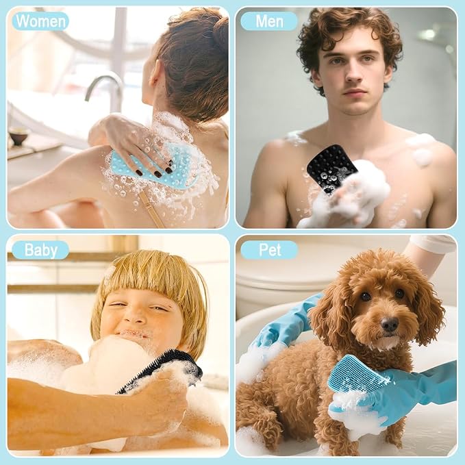 Silicone Body Scrubber, 2 in 1 Soft Silicone Loofah 2 Pack Exfoliating Body Scrubber Loofah for Women Men, Body Scrubber Shower Bath Shampoo Brush with Loop for Sensitive Skin Lather Well, Black &Blue