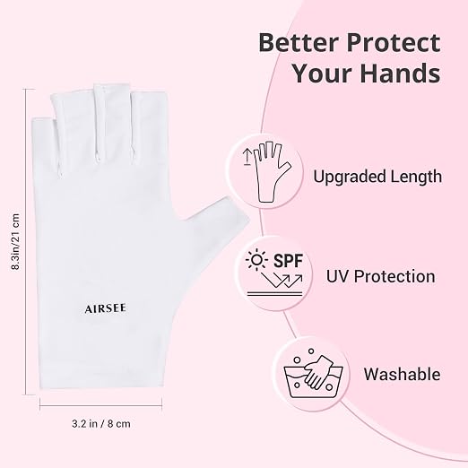 AIRSEE UV Gloves for Nail Lamp,Professional UPF50+ UV Protection Gloves for Manicures Nail Art,Fingerless Gloves That Shield Skin from The Sun and Nail Lamp (White)