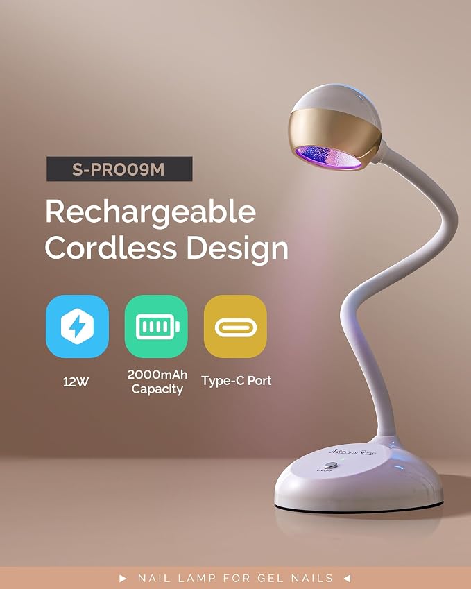 MelodySusie 360° 2-in-1 Gooseneck Nail Lamp S-Pro09M for Detail Work | 60s Timer, 2000mAh Battery, 6h Runtime, One-Touch Control, Rhinestone Glue, False Nail Glue, Cat Eye & Nail Tip