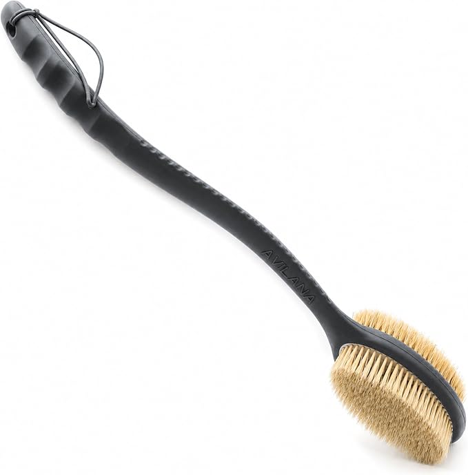 Avilana Long Handle Body Brush for Shower, 19 Inch Curved Back Scrubber with Soft & Stiff Bristles, Exfoliating Body Brush for Back, Legs & Feet, Non-Slip Silicone Handle, Replaceable Head System