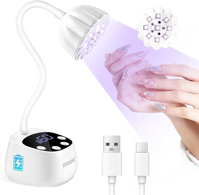 JODSONE Fast Curing U V Nail Lamp Portable and Flexible Gooseneck Lamp Rechargeable LED Dryer for Gel Polish, Auto Sensor & 4 Timers Ceramic White