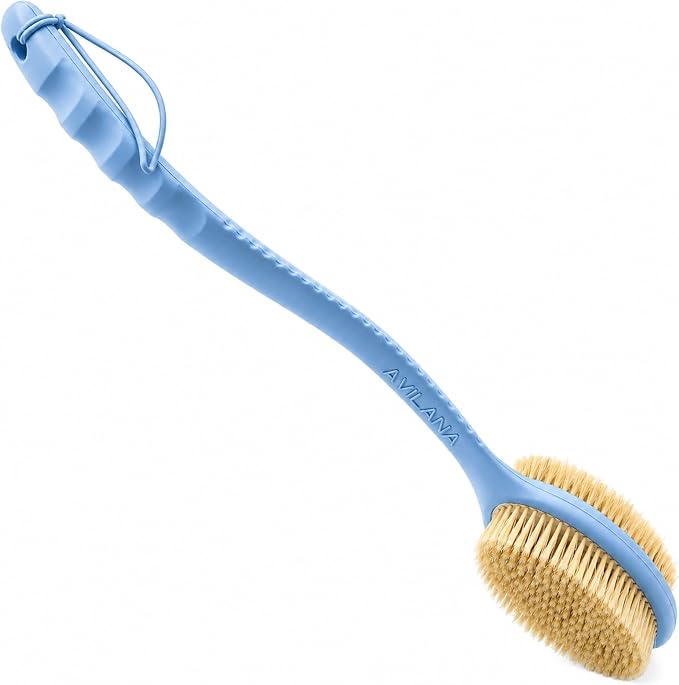 Avilana Long Handle Body Brush for Shower, 19 Inch Curved Back Scrubber with Soft & Stiff Bristles, Exfoliating Body Brush for Back, Legs & Feet, Non-Slip Silicone Handle, Replaceable Head System