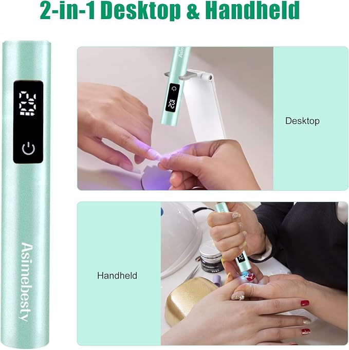 UV Light for Gel Nails, Mini UV Nail Lamp Hand held with Stand | Portable Small Nail Dryer Light for Gel Polish with 3 Timers, Rechargeable Cordless UV Light Nail for Fast Curing, Green