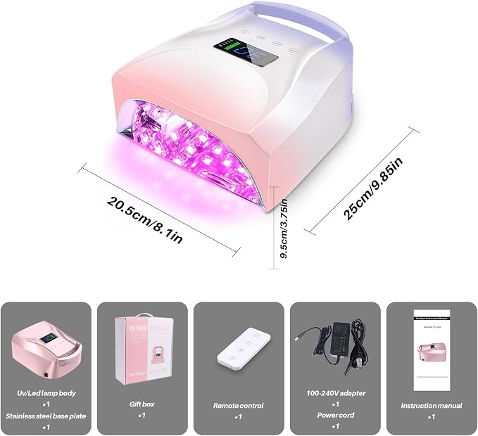 96W Cordless UV LED Nail Lamp, Periwinkle to Pink Gradient | 52 Beads Quick Dry with Remote | 4 Timer Settings & Auto Sensor | Rechargeable Gel Nail Light for Manicure Pedicure