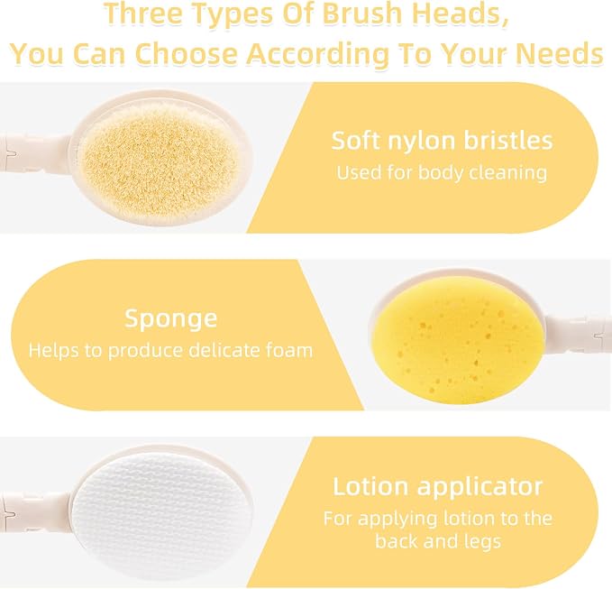 LFJ 19" Long Handle Shower Sponge Brush Set | 3 in 1 Body Brush, Bath Sponge and Lotion Applicator Improved Skin Health, Foldable, For Man and Women, 2PCS