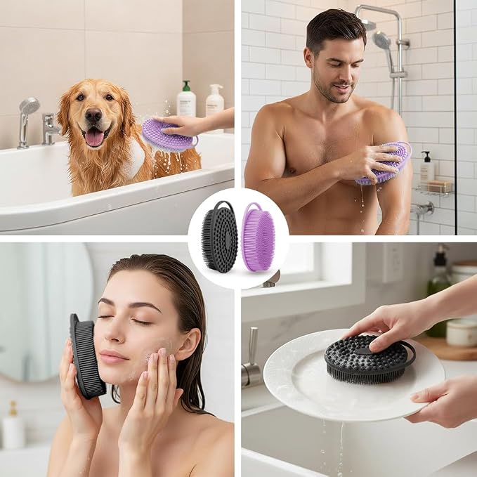 Silicone Body Scrubber 2 Pcs Silicone Loofah Exfoliating Body Scrubber for Men Women Soft Silicones Shower Scrubbers Double Sided Silicones Bath Bodys Brush for All Skin Lather Well, Black and Purple