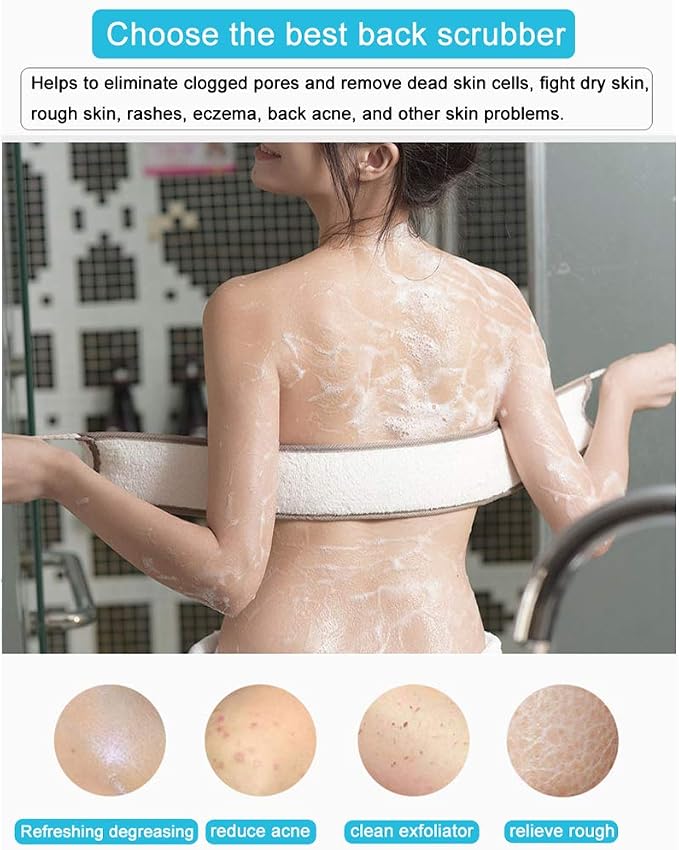Loofah Back Scrubber for Shower, Natural Soft Flax Back Exfoliator Cleaner for Shower Acne, Extra Long Back Scrub Washer, Dual-Sided Bath Exfoliating Scrubber, Deep Clean&Invigorate Skin for Men/Women