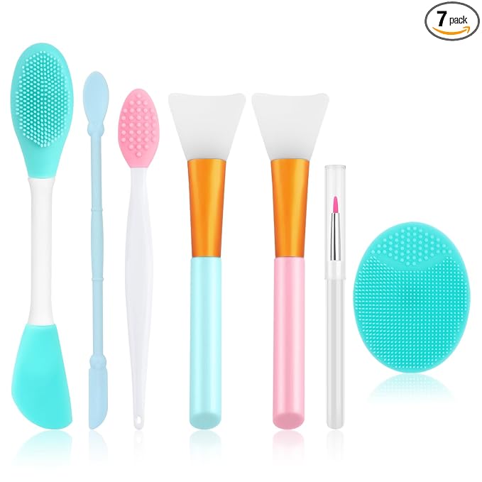 Yokilly Silicone Face Scrubber Kit: Exfoliator Blackhead Skin Care Tool | 7 Pcs Kit For 3 Exfoliating Lip Brush & 3 Cleansing Brush & Face Mask Brush Exfoliator - Ultra-soft Silicone Deep-Cleans Pore