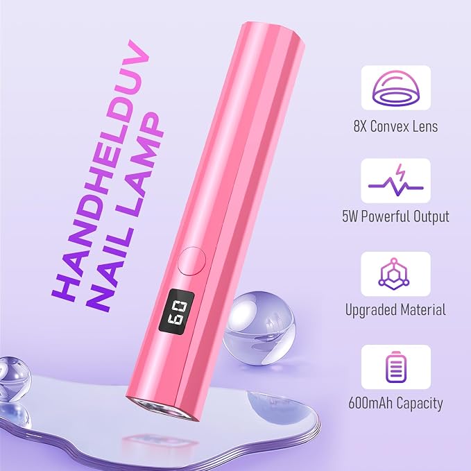 Handheld UV Nail Lamp, 5W Sparkly UV Light for Gel Nails, Portable LED Nail Lamp, Mini Nail Dryer with LCD Screen, USB Nail Light for Fast Curing, Pink