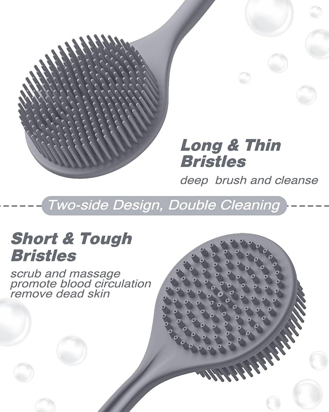 Manmihealth Silicone Body Scrubber & Face Brush Set Thick Bristles Gray | 3PCS Super-Exfoliating & Lathering Back Scrubber, Shower Brush, Face Scrubber Combination, with a Free Hook