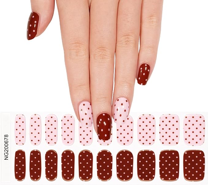 Polka Dot Semi Cured Gel Nail Strips - 20Pcs Brown & Pink UV Gel Nail Wraps with Polka Dots Design, Long Lasting Salon-Quality Stickers, Includes Nails File & Wooden Stick - UV/LED Lamp Required