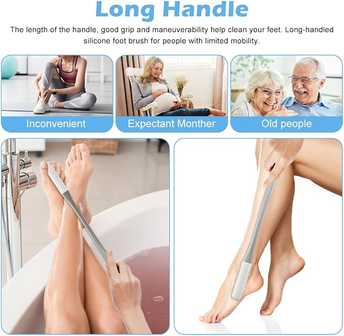 CALIDAKA 3 Pack Toe Scrubber Brush,with 15.75" Long Handle Silicone Shower Foot Scrubber,Toe Cleaning Brush,No Bending to Remove The Dead Skin of The Feet,for Elderly, Pregnant Women