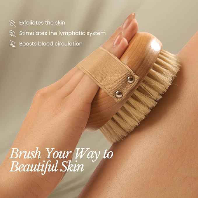 Bare Botanics Dry Brushing Body Brush for Lymphatic Drainage | Medium Firmness Cruelty Free Natural Boar Bristles Improves Circulation and Gently Exfoliates | Ergonomic Elastic Strap
