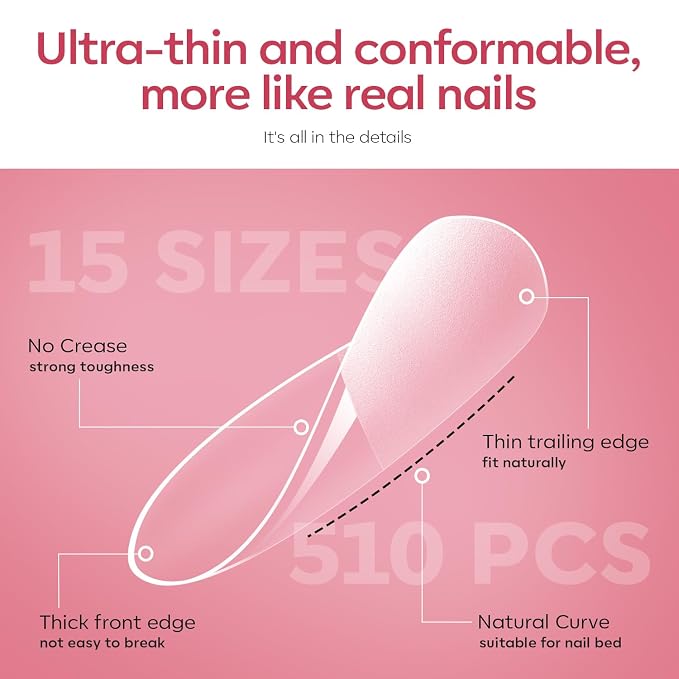 modelones X Nail Gel Kit , Solid Glue Prep Dehydrator UV Light Clipper | 510Pcs Nail Tips Almond Upgrade 15Sizes Medium Almond Press on Tips Etch for Easy Extension DIY Women Gift