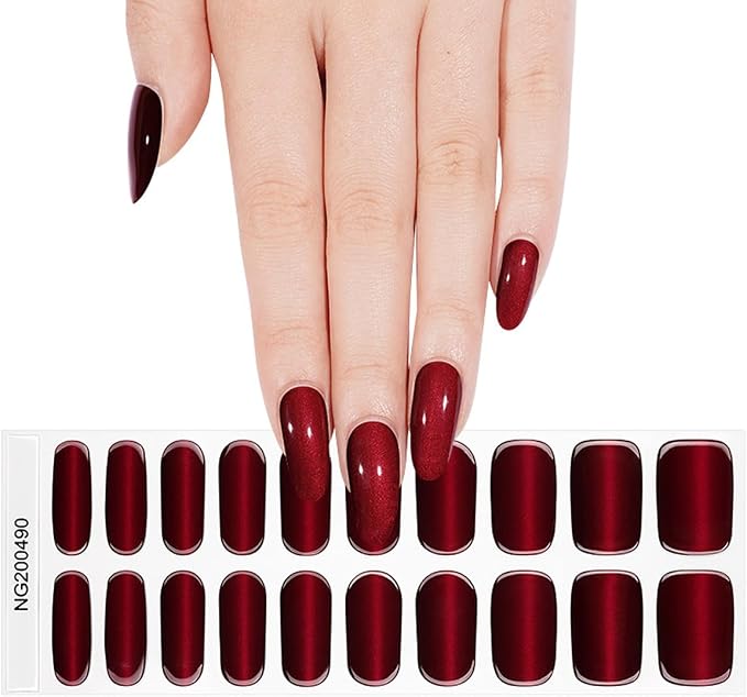 Semi Cured Gel Nail Strips - 20Pcs Burgundy UV Gel Nail Wraps with Wine Red Design, Long Lasting Salon-Quality Stickers, Includes Nails File & Wooden Stick - UV/LED Lamp Required